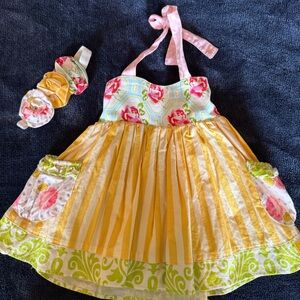 SweetHoney Green and Pink Girls Dress with Floral Detail 2T